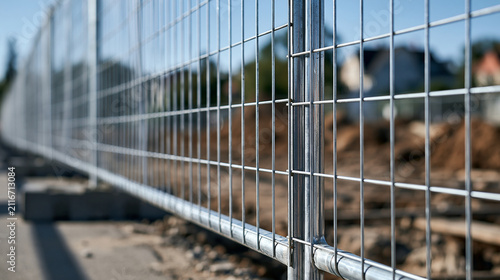 A metal temporary mesh fence surrounds a sunny construction site outdoors. Useful for security, site protection, and urban development themes.