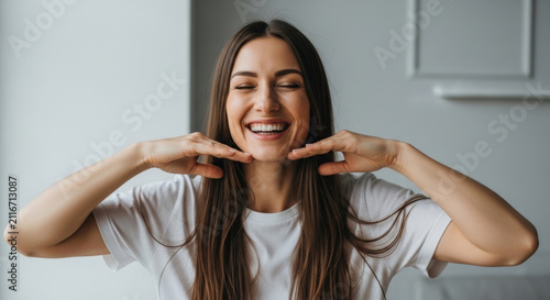 Joyful young woman with long dark hair, big smile and closed eyes, touching her face in a bright room.