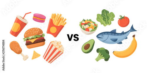 Healthy food versus fast food comparison illustration