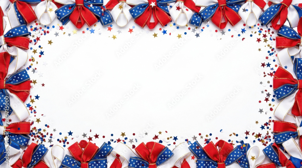 Fototapeta premium Patriotic red white and blue ribbons and star confetti frame a clean white background in this festive flat lay holiday composition.