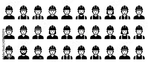 Set of construction worker avatars and engineer icons