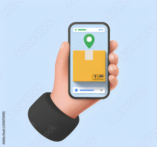 3d illustration of a hand holding a smartphone displaying a package delivery tracking interface