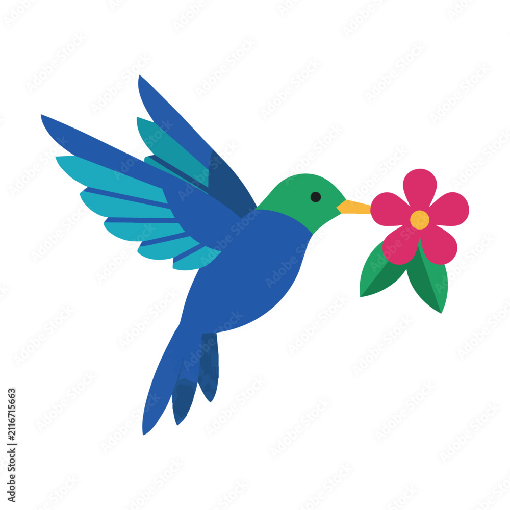 Fototapeta premium Stylized hummingbird flying with a tropical flower in its beak on a plain white background, minimalist nature concept