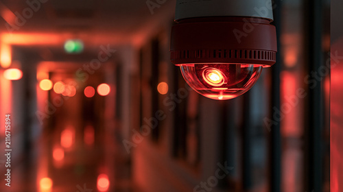 A red ceiling surveillance camera monitors a dark hallway during an emergency alarm. Security breach concept for technology safety ads.
