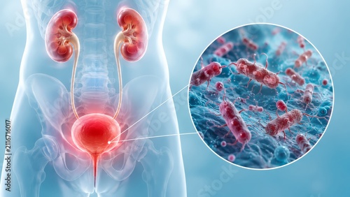 Detailed medical illustration of the human urinary tract showing inflamed bladder and kidneys with a magnified view of rod-shaped bacteria causing urinary tract infection