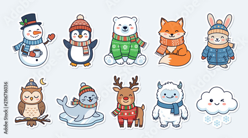 Collection of cute cartoon winter animals and characters in sticker style, including a snowman, penguin, polar bear, fox, bunny, owl, seal, reindeer, yeti, and a snowy cloud.