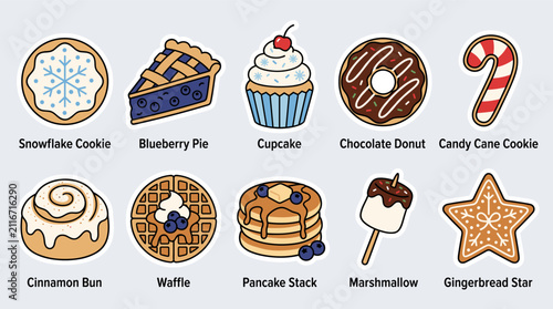 A delightful collection of various sweet desserts and baked goods, including cookies, pies, cupcakes, donuts, waffles, pancakes, and marshmallows, presented as simple illustrations.