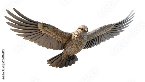 Isolated stylized flying bird of prey with wings spread, art sculpture design, animal predator