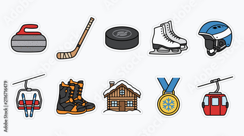 Collection of winter sports equipment and related items depicted as colorful stickers on a white background.