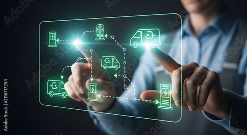 Innovative concept of a person managing a smart electric vehicle charging and logistics network, showcasing future sustainable transportation technology and digital infrastructure control