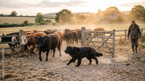Farmer with dog herding cows on a dusty farm track in the countryside