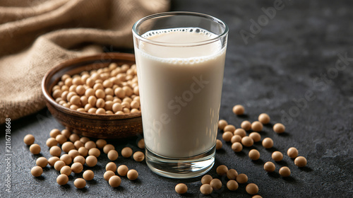 A glass of fresh soy milk sits next to a bowl of raw soybeans on a dark rustic background. Perfect for healthy plant-based nutrition marketing.