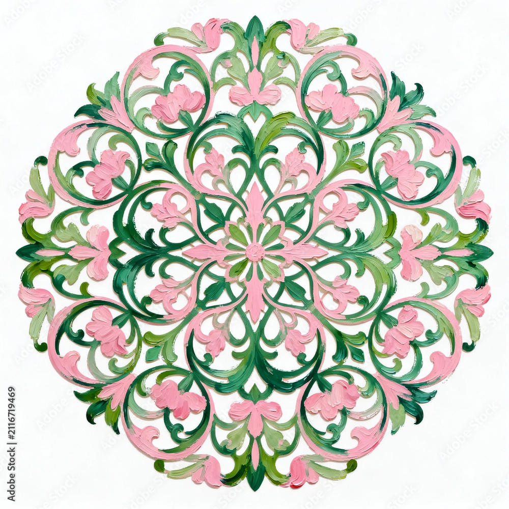 Fototapeta premium Thick Paint Mandala Hollow Floral Round Ornament Pink Green 中文:粉绿厚涂曼陀罗镂空花卉圆形装饰纹样