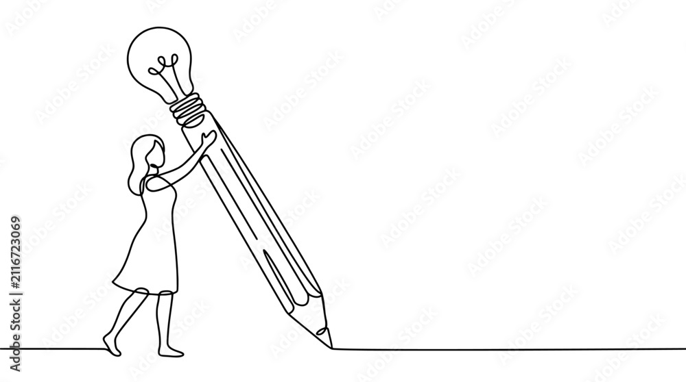Obraz premium Woman drawing with a giant pencil featuring a lightbulb tip as a symbol of creative idea generation and innovation