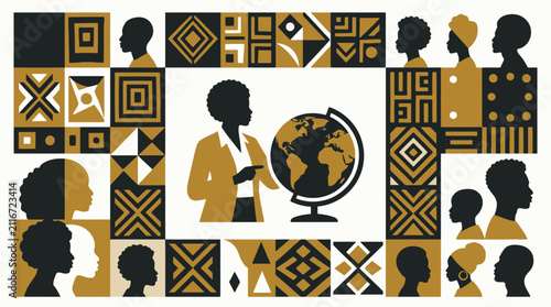 Black History Month Teacher with Globe and African Patterns