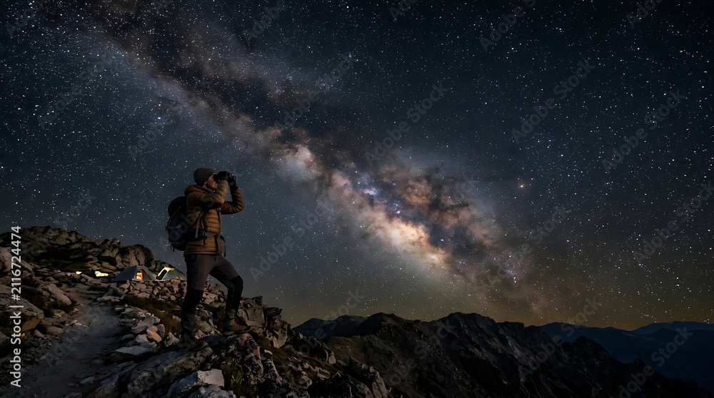 Obraz premium Hiker stargazing at the milky way from a mountain peak at night