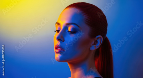 Side profile portrait of young woman illuminated by colorful neon yellow and blue light against gradient background showcasing artistic style.