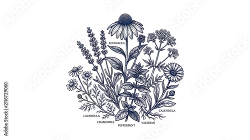 Foto Herbal botanical illustration circle arrangement