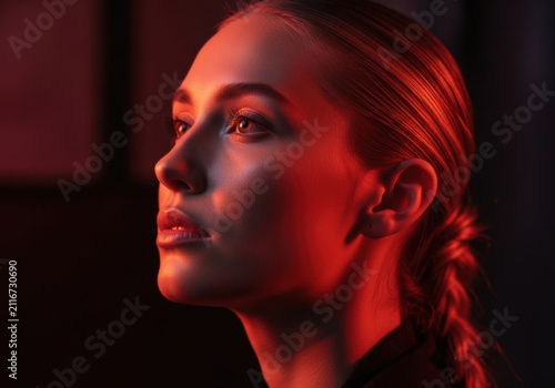 Stunning profile portrait of young woman with braided hair illuminated by dramatic red mood lighting creating ethereal and emotional atmosphere.
