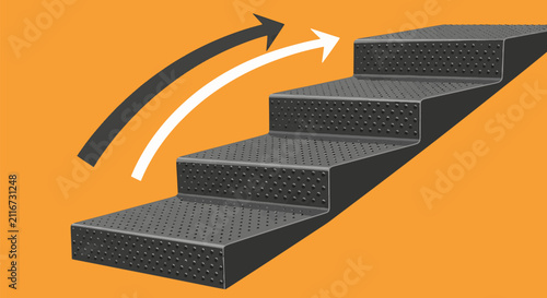Isometric vector illustration of black rubberized non-slip safety steps ascending on a solid orange background with black and white curved arrows pointing towards progress.