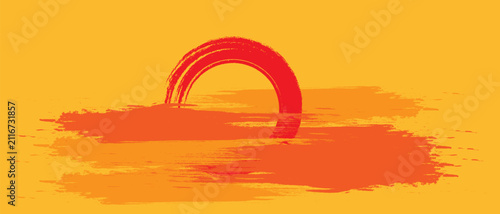 Abstract sunrise brush illustration with a red painted sun over an orange textured stroke background. Minimal artistic composition. Modern vector design for creative projects.