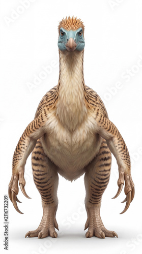 Photorealistic Nothronychus graffami frontal view, isolated on white background, showing detailed feathers, anatomy, claws, and scientifically accurate paleontological reconstruction.