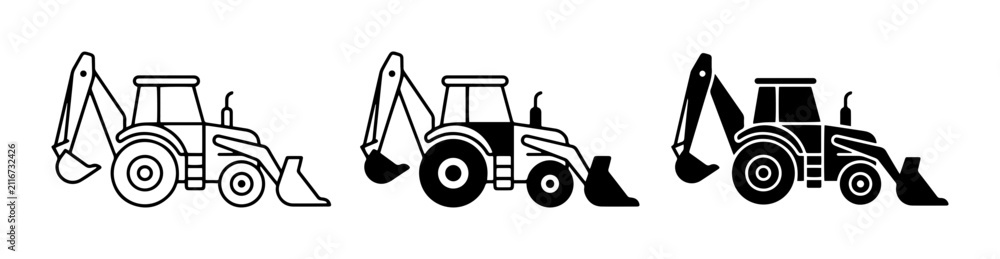 Fototapeta premium Backhoe Loader Icons, Construction Equipment Vector Set, Excavator Machine Graphics