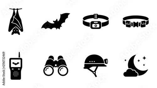 Cave Exploration Icons: Bats, Headlamp, Binoculars, Moon, Walkie-Talkie, Helmet, 8 Elements