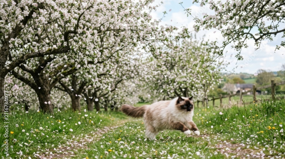 Obraz premium Fluffy Ragdoll Cat Running Through a Blooming Apple Orchard in Spring.