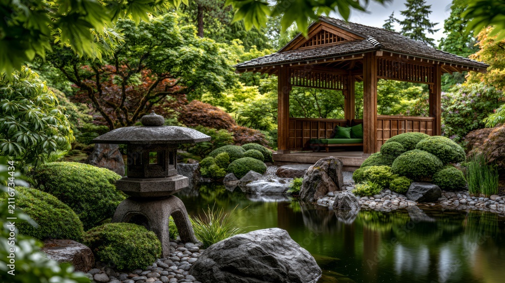 Fototapeta premium Serene Botanical Garden with Japanese Pavilion and Peaceful Water Feature