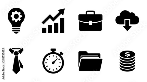 Business and finance icon set for analytics and strategy outline, solid and color styles, white background