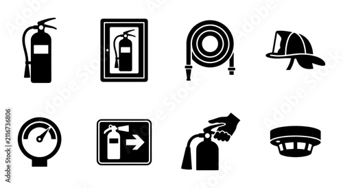 Fire Safety Equipment Icons Set, Silhouette, for Emergency Preparedness