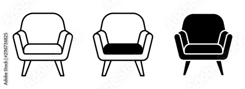 3 Armchair Icons, Outline and Silhouette, for Interior Design