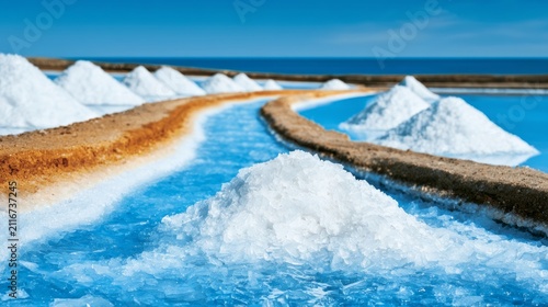 Stunning Crystal Flakes on Water Surface in Natural Sea Salt Production Landscape