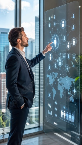 A businessman in a suit interacting with a futuristic holographic display. The display shows a network of connections, a world map, and various icons, suggesting data analysis or global networking