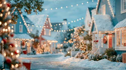 Tranquil Winter Community Scene with Beautiful Decorated Homes and Soft Snow