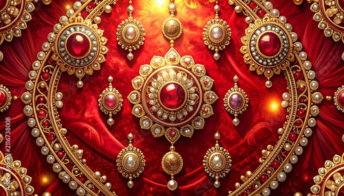 Opulent Traditional Gold and Ruby Jewelry Display on Rich Red Velvet, Featuring Intricate Filigree Work and Sparkling Gemstones, Evoking Regal Elegance and Ancient Craftsmanship