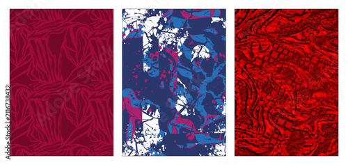 Fotografie Triptych of three modern fabric patterns: an embossed organic grey panel, an exp