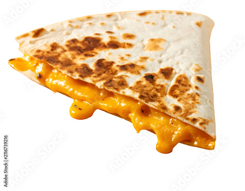 Delicious Triangle Quesadilla with Melted Cheddar Cheese Isolated on Black