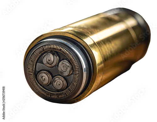 Macro Close-up of a Gold Bullet with Three Internal Firing Pins on Black Background