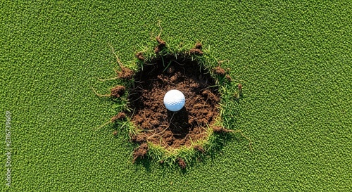 Golf ball in divot hole on green grass, aerial view