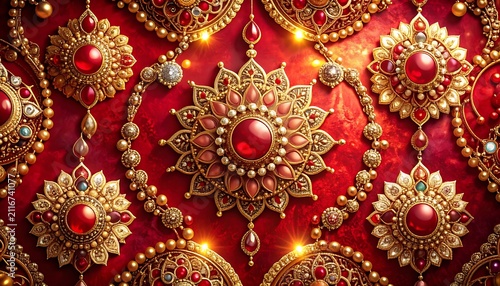 Intricate golden jewelry adorned with sparkling red gemstones, meticulously arranged in a luxurious, traditional pattern, embodying ornate cultural elegance and dazzling craftsmanship