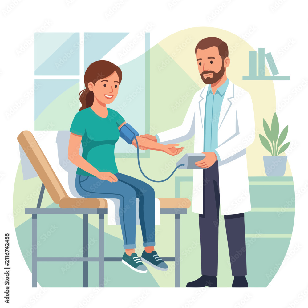 Fototapeta premium Doctor measuring patient's blood pressure with sphygmomanometer in a clinic or hospital room.