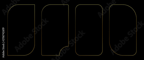 Golden geometric frames in art deco style. Luxury gold borders for for wedding invitation. Thin line oval and rectangle set for invitation decoration. Vector illustration isolated on black background.