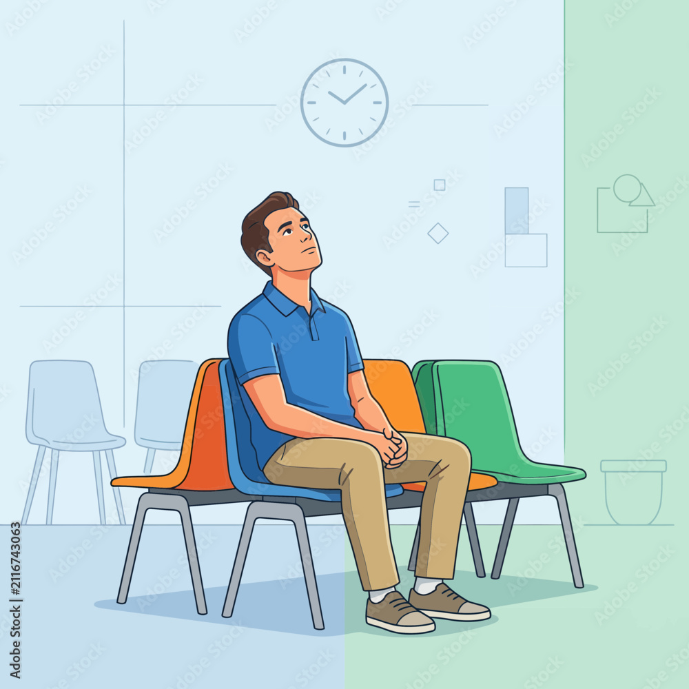 Fototapeta premium Man sitting patiently in a waiting room, looking up at the clock, vector illustration