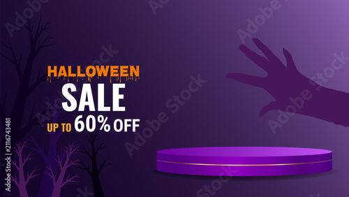 Dark Halloween sale silhouette banner for ads, web design, and marketing. Ideal for spooky autumn promotions and retail campaigns. Premium vector illustration
