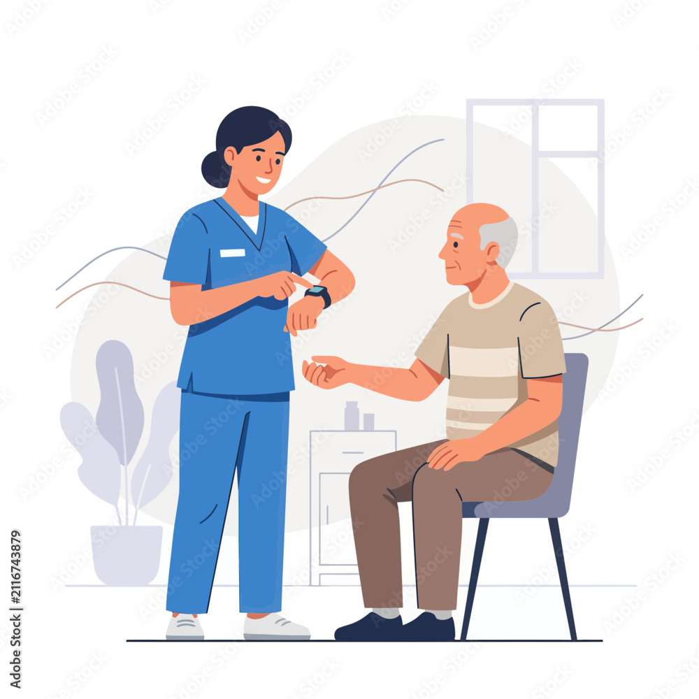 Fototapeta premium Nurse showing smartwatch to senior patient, healthcare technology concept