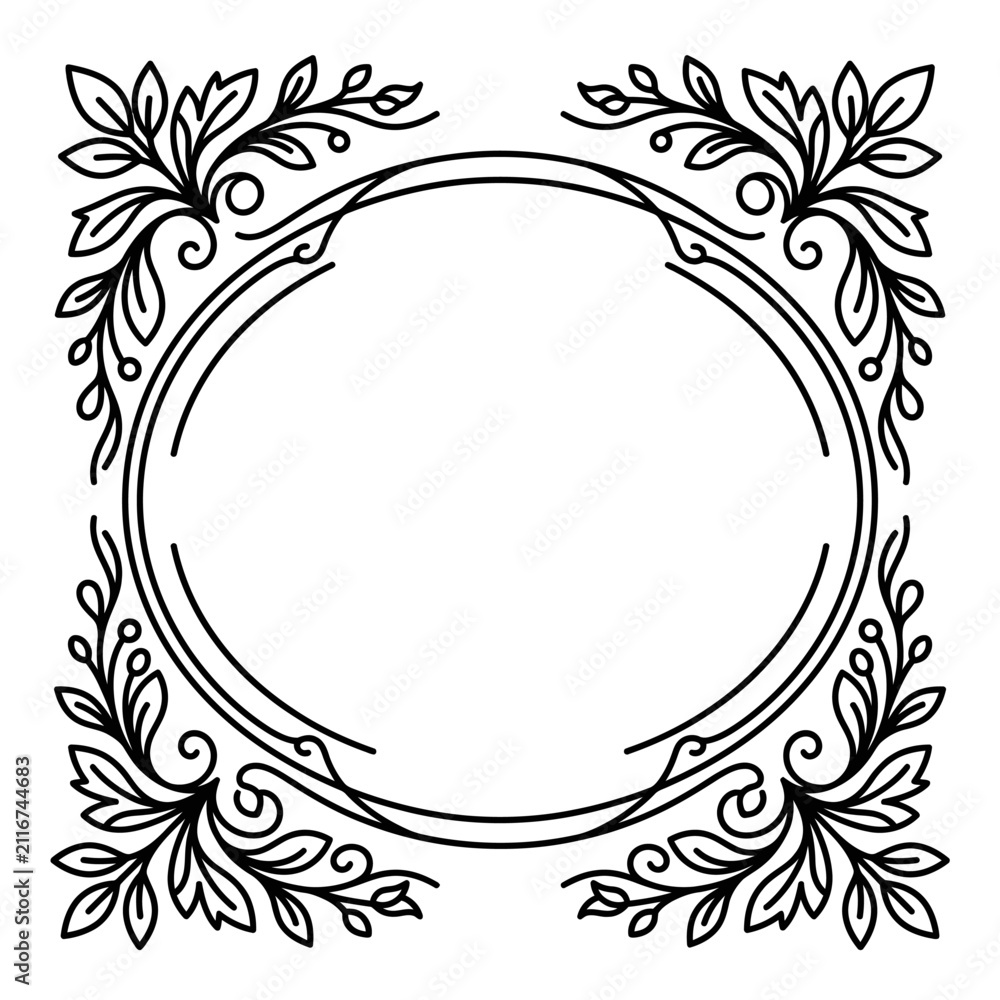 Obraz premium Double circular frame with floral corner flourishes.