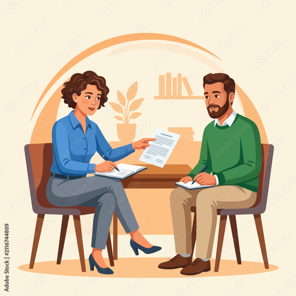 Fototapeta premium Business Meeting Illustration: Woman Handing Document to Man, Professional Collaboration and Discussion