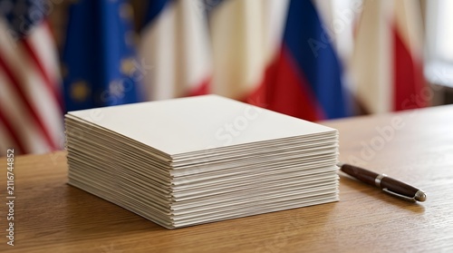 Blank Paper Stack with Pen and Flags - Diplomacy, Politics, Business Meeting